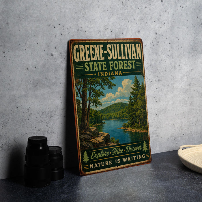 A vintage-style metal sign for the Greene-Sullivan State Forest in Indiana, featuring a scenic landscape with a river and trees.