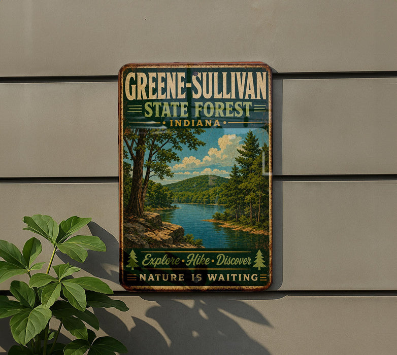 A vintage-style metal sign for Greene-Sullivan State Forest in Indiana, featuring a scenic landscape with a river and trees.