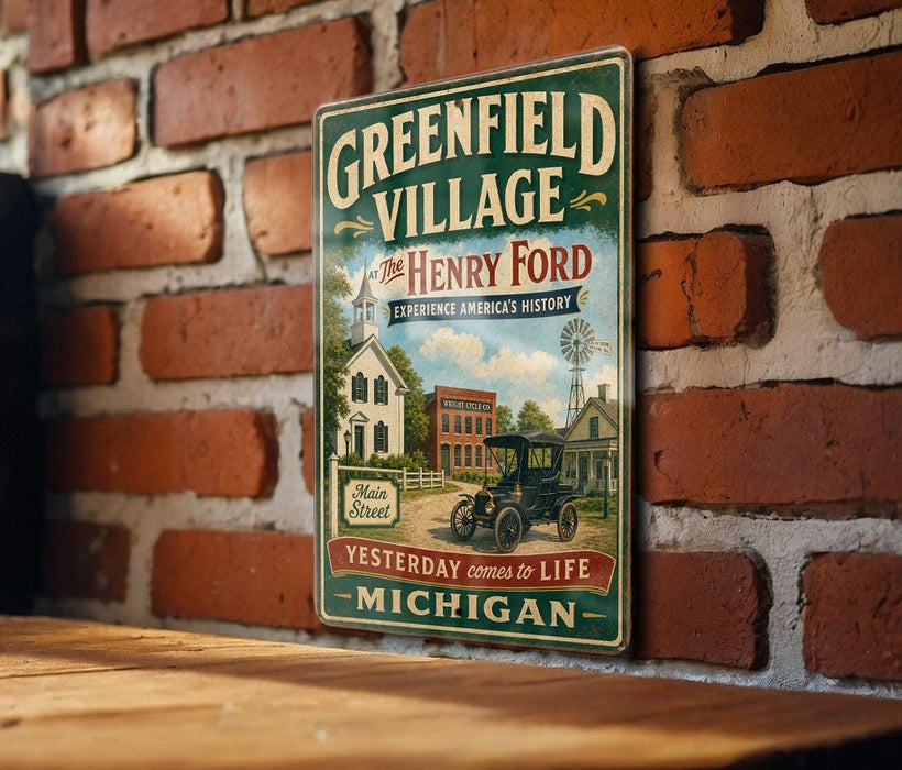 A vintage-style metal sign for the Greenfield Village, featuring an illustration of a historic building and an old-fashioned car, mounted on a brick wall.