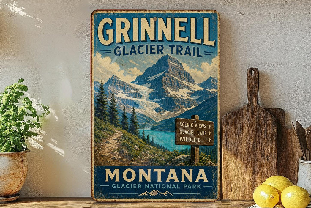 A vintage-style metal sign for the Grinnell Glacier Trail in Montana, featuring a scenic mountain landscape with a trail and signs indicating the trail's name and direction.