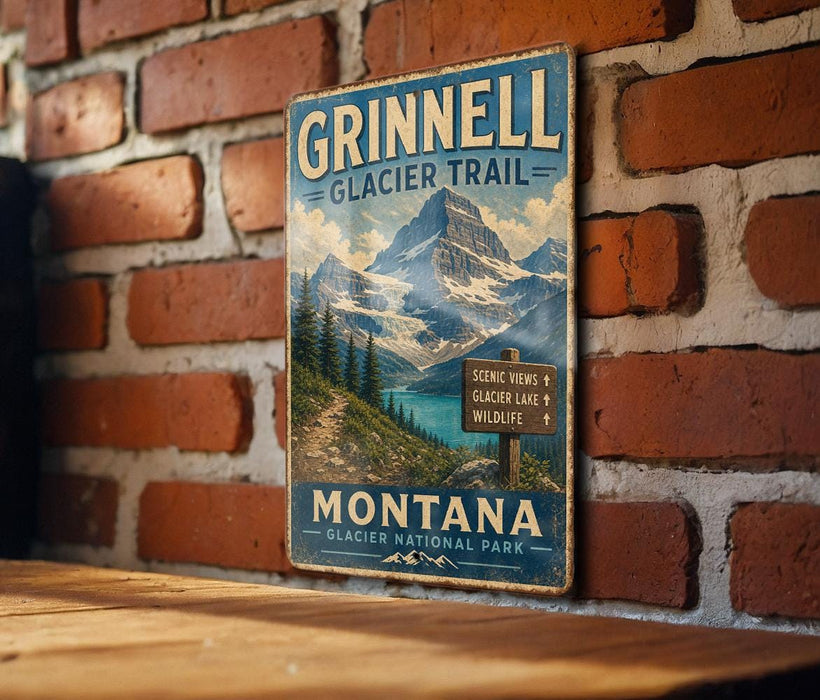 A vintage-style metal sign for the Grinnell Glacier Trail in Montana, featuring a mountain landscape and trail signs.