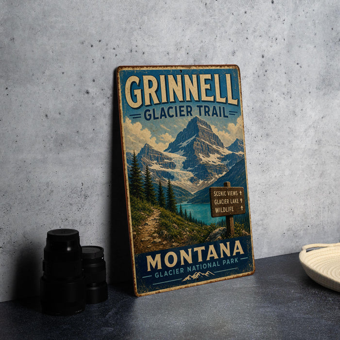 A vintage metal sign for the Grinnell Glacier Trail in Montana, featuring a scenic mountain landscape with a trail marker.