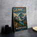 A vintage metal sign for the Grinnell Glacier Trail in Montana, featuring a scenic mountain landscape with a trail marker.