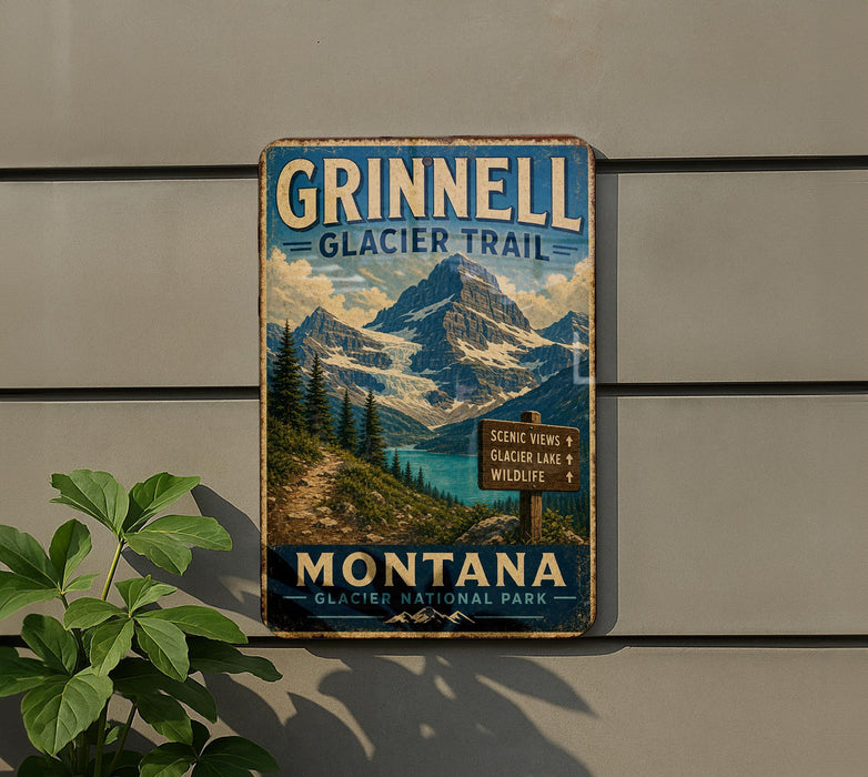 A vintage-style metal sign for the Grinnell Glacier Trail in Montana, featuring a scenic mountain landscape with a trail and wildlife signs.