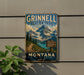 A vintage-style metal sign for the Grinnell Glacier Trail in Montana, featuring a scenic mountain landscape with a trail and wildlife signs.