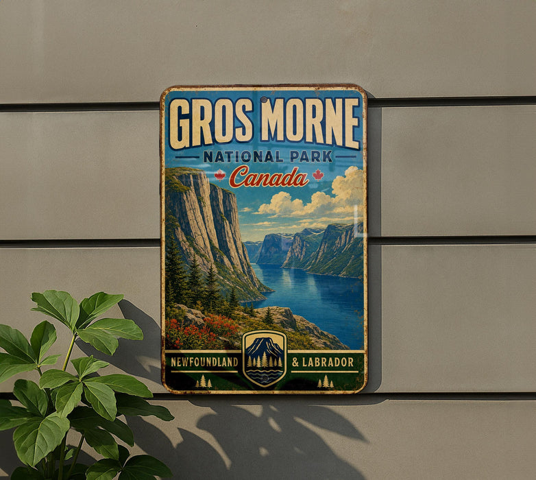 A vintage-style metal sign for Gros Morne National Park in Canada, featuring a scenic landscape with mountains, a lake, and a forest.