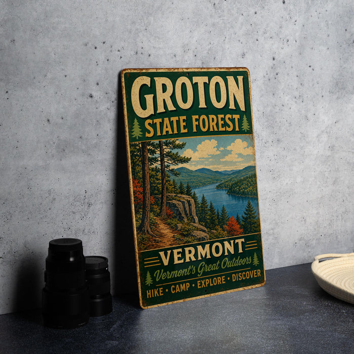 A vintage-style metal sign for Groton State Forest in Vermont, featuring a scenic landscape with a lake and mountains.