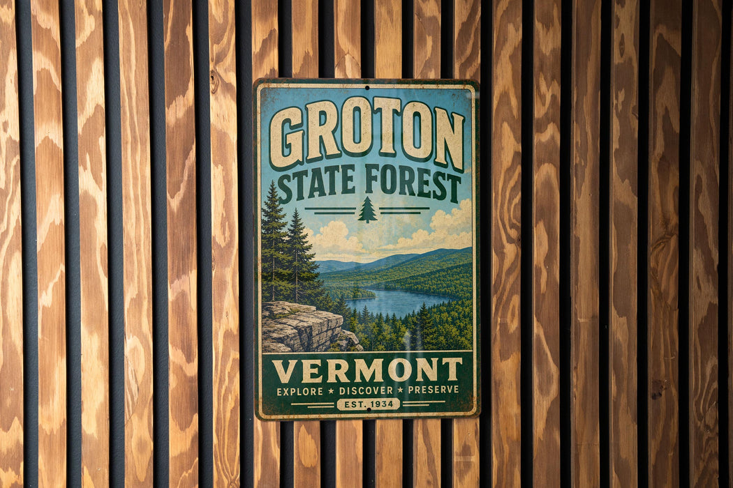 A vintage metal sign for Groton State Forest in Vermont, featuring a scenic landscape with pine trees, mountains, and a lake.