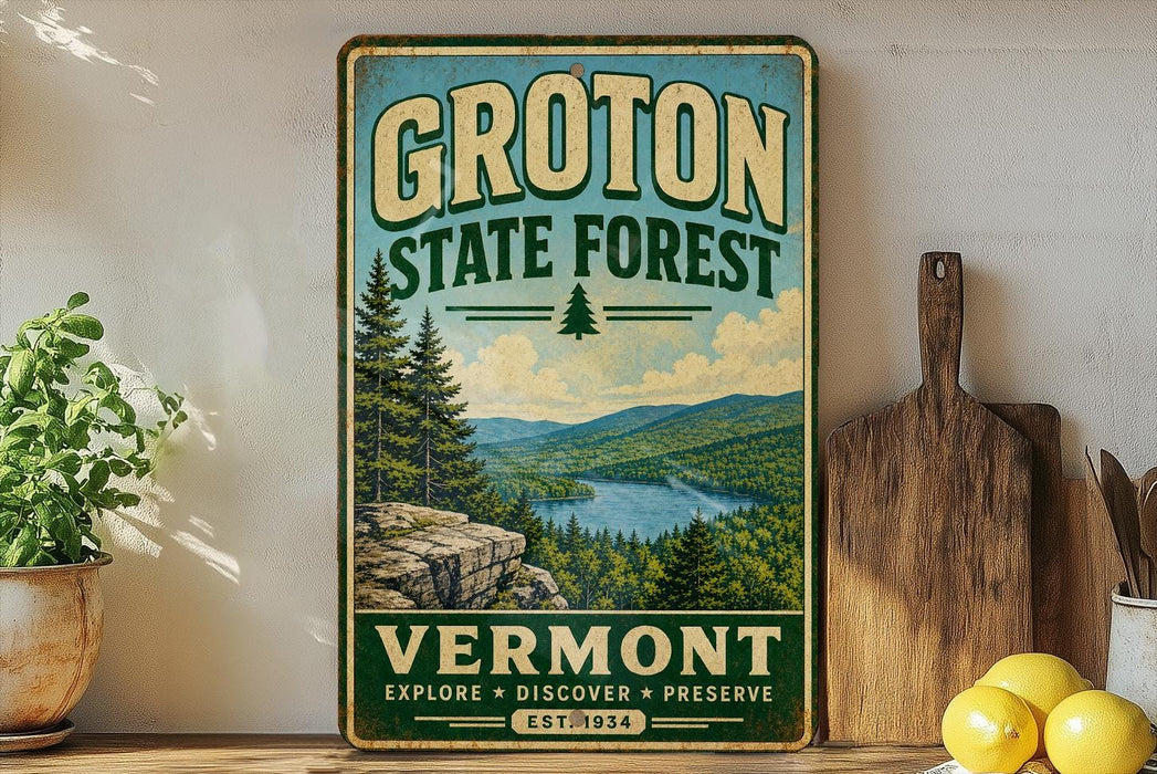 A vintage-style sign for Groton State Forest, featuring a scenic mountain landscape with pine trees and a lake, is displayed on a shelf next to a wooden cutting board and some lemons.