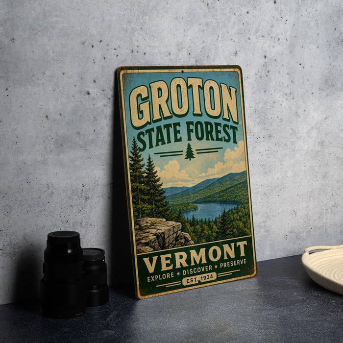 A vintage-style metal sign for Groton State Forest, featuring a scenic landscape with pine trees, mountains, and a lake.
