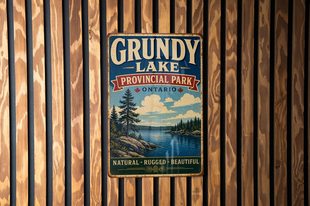 A vintage-style metal sign for Grubby Lake, a scenic park in Ontario, Canada.