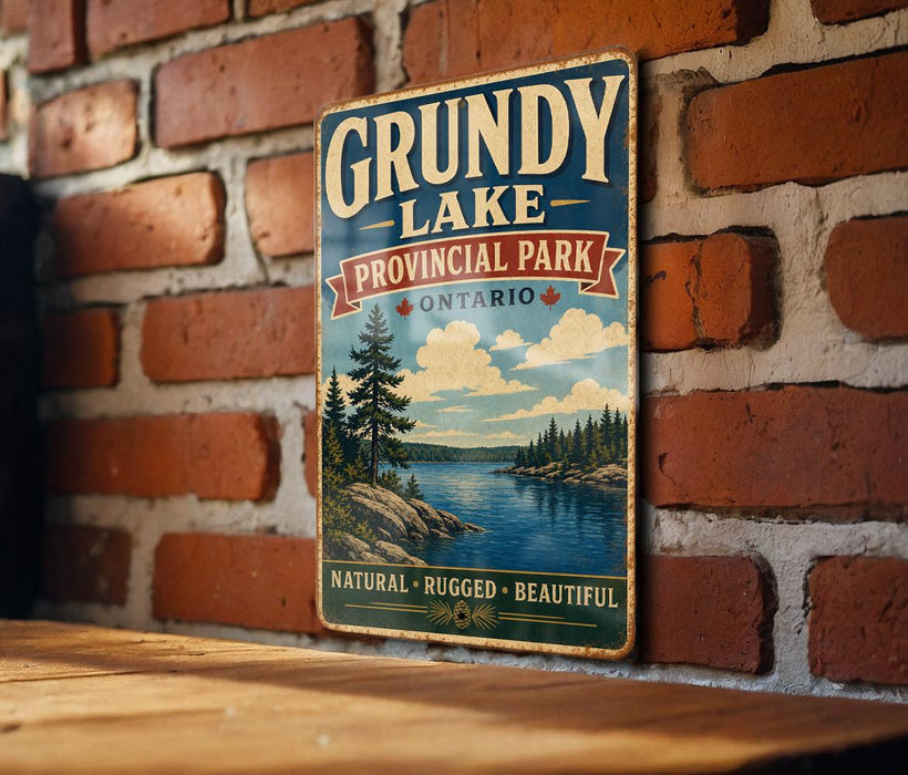 A vintage-style metal sign for Grubby Lake, a scenic park in Ontario, Canada.
