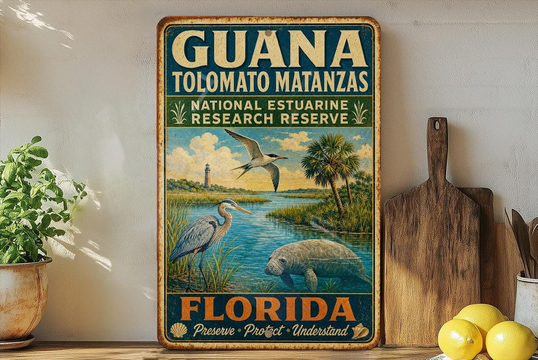 A vintage-style sign for the National Estuarine Research Reserve in Florida, featuring illustrations of various birds and wildlife in a natural setting.