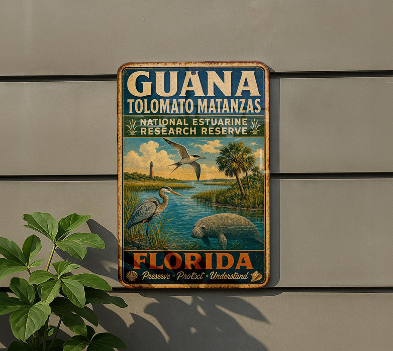 A vintage-style metal sign for the Guana Tolomato Matanzas National Estuarine Research Reserve in Florida, featuring a seagull, a manatee, and palm trees.