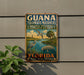 A vintage-style metal sign for the Guana Tolomato Matanzas National Estuarine Research Reserve in Florida, featuring a seagull, a manatee, and palm trees.