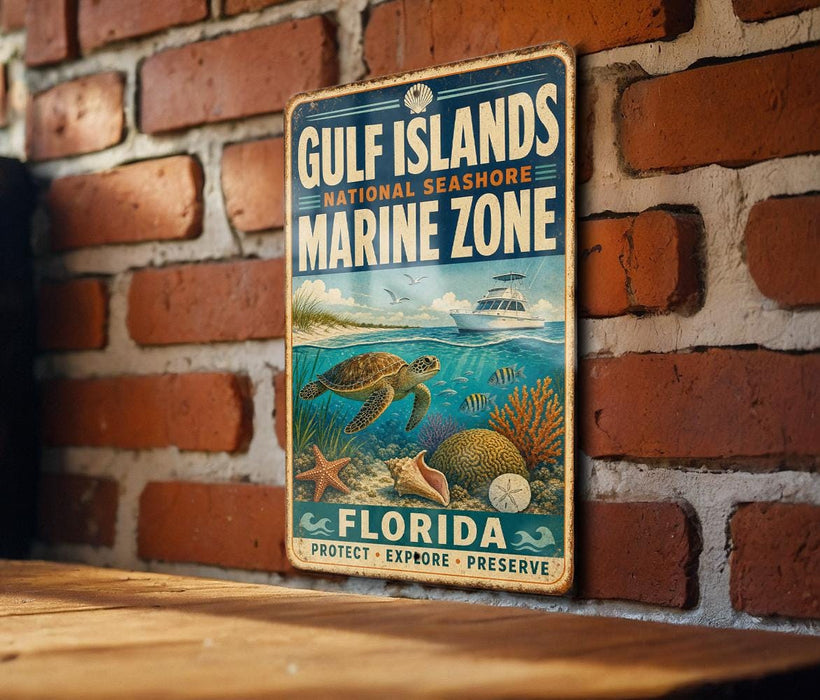 A vintage metal sign for the Gulf Islands National Seashore Marine Zone, featuring an illustration of a turtle, coral, and other marine life, mounted on a brick wall.