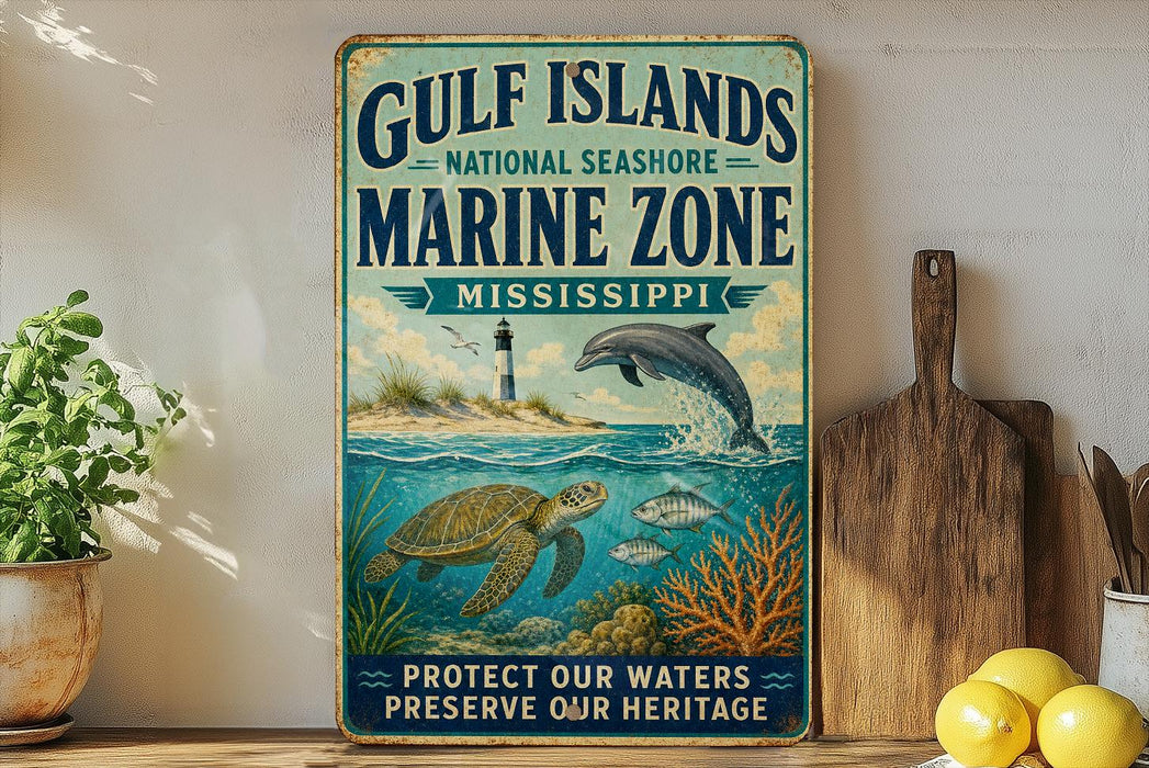 A vintage-style metal sign with a marine theme, featuring a lighthouse, turtle, dolphin, and coral, is displayed on a shelf next to a wooden cutting board and a potted plant.