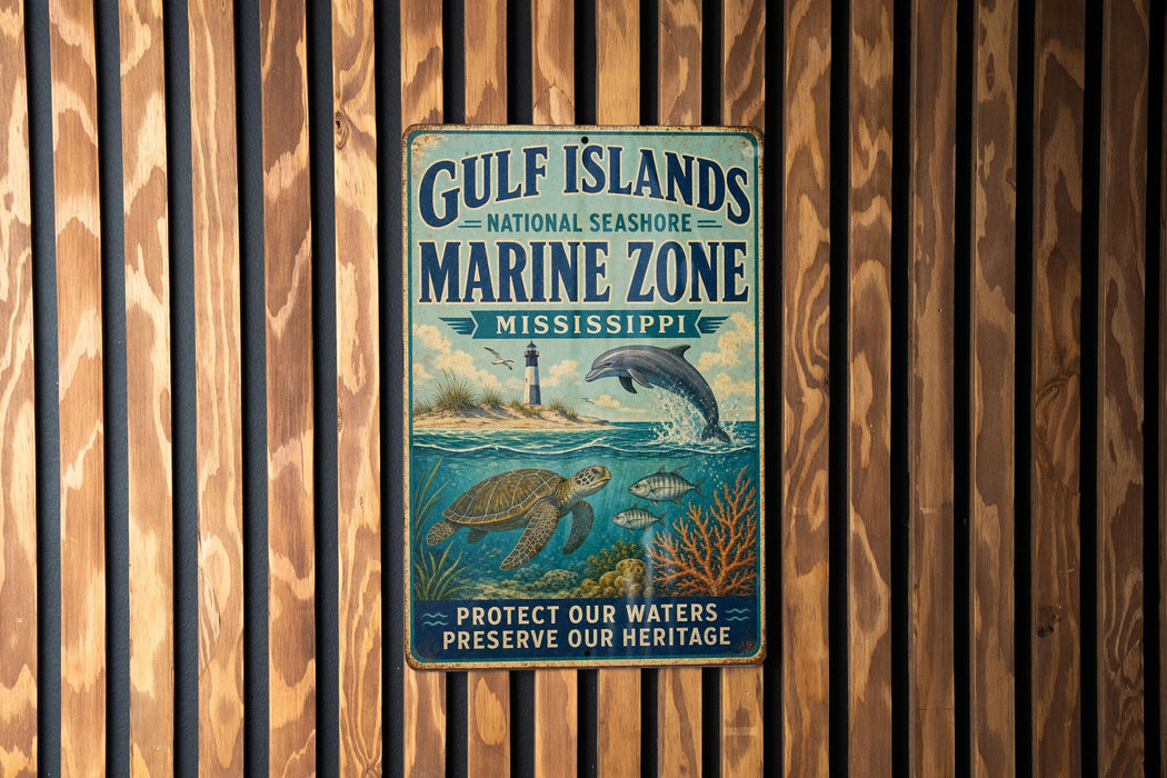A metal sign with text and illustrations of marine life, including a dolphin and turtle, is displayed on a wooden wall.
