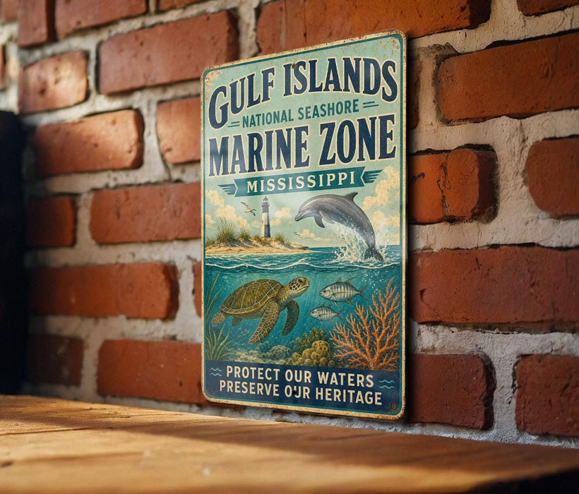 A vintage metal sign on a brick wall, depicting a marine scene with a dolphin, turtle, and coral, along with the text "Gulf Islands National Seashore Marine Zone Mississippi" and "Protect Our Waters Preserve Our Heritage".