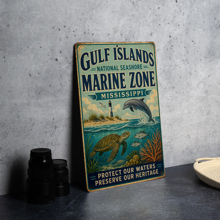 A vintage metal sign for the Gulf Islands National Seashore Marine Zone in Mississippi, featuring illustrations of marine life and a lighthouse.