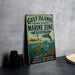 A vintage metal sign for the Gulf Islands National Seashore Marine Zone in Mississippi, featuring illustrations of marine life and a lighthouse.