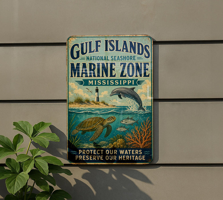 A vintage-style metal sign with a marine theme, featuring a dolphin, turtle, and coral, mounted on a wall next to a plant.
