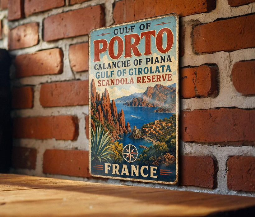 A vintage metal sign with a coastal landscape and text, mounted on a brick wall.