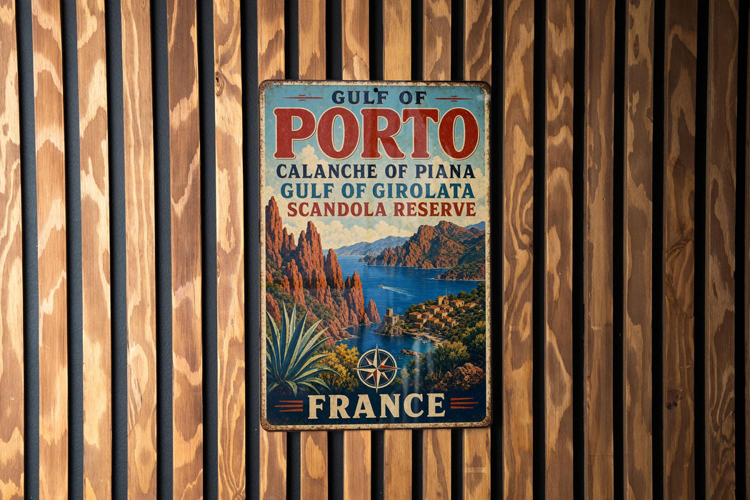 A vintage metal sign for the Gulf of Porto, Portugal, featuring a scenic landscape with mountains, a bay, and palm trees.