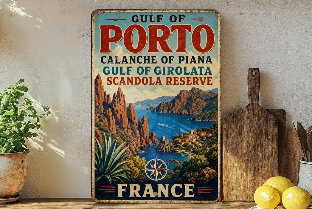 A vintage metal sign displaying the name "Gulf of Portugal" and the location "Calanché of Piana Gulf of Girolata Scandal reserve" is displayed on a shelf.