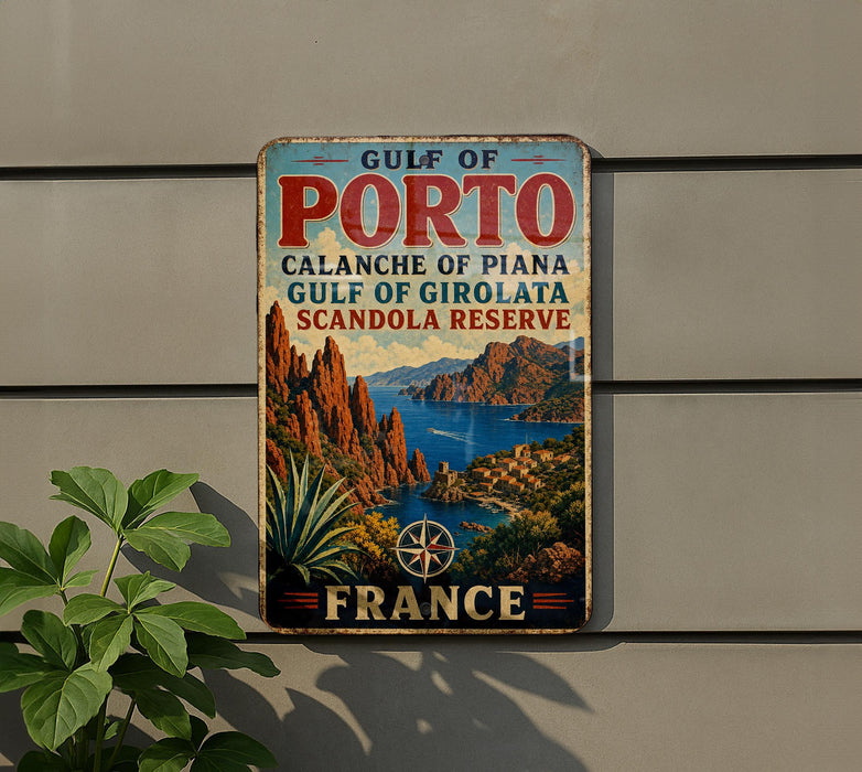 A vintage metal sign advertising the Gulf of Porto, Calanche of Piana, Gulf of Girona, and Scandalla Reserve, with a scenic mountain landscape in the background.