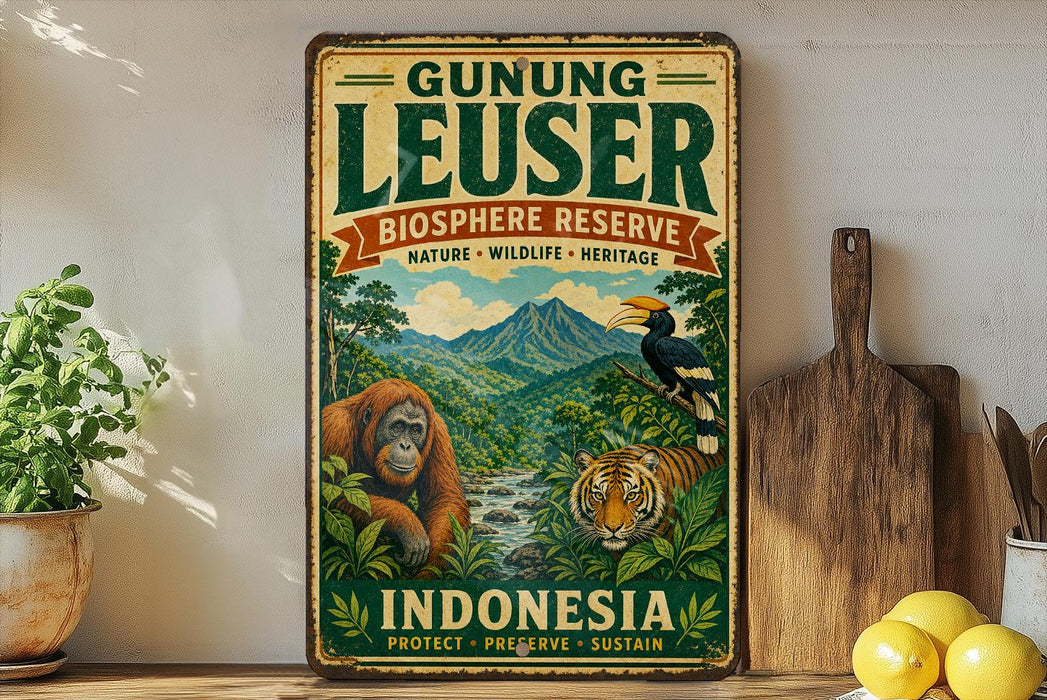 A vintage-style sign for Gunung Leuser Biosphere Reserve in Indonesia, featuring an illustration of an orangutan, tiger, and other wildlife in a lush, green forest setting.