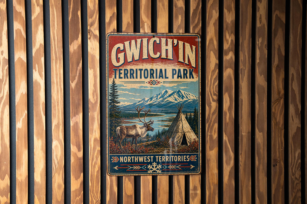 A vintage-style metal sign with the text "GWICH'IN TERRITORIAL PARK" and a depiction of a tent and reindeer in a mountainous landscape.