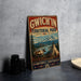 A vintage-style sign for GWICH'IN TERRITORIAL PARK, featuring a scenic landscape with a moose, tent, and mountains in the background.