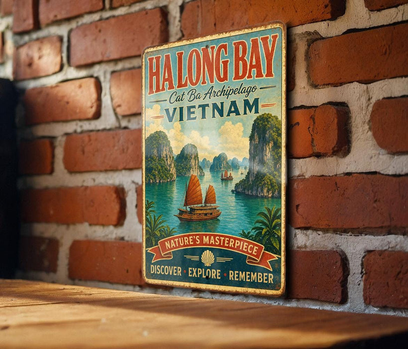 A vintage-style metal sign for Halong Bay, Vietnam, featuring a scenic illustration of the bay with palm trees and boats.
