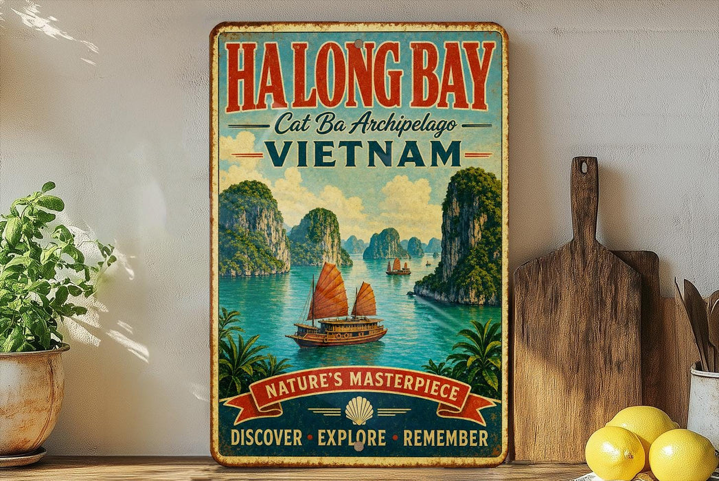 A vintage-style metal sign advertising Halong Bay, Cat Ba Archipelago, and Vietnam, featuring a scenic image of boats sailing on the bay.