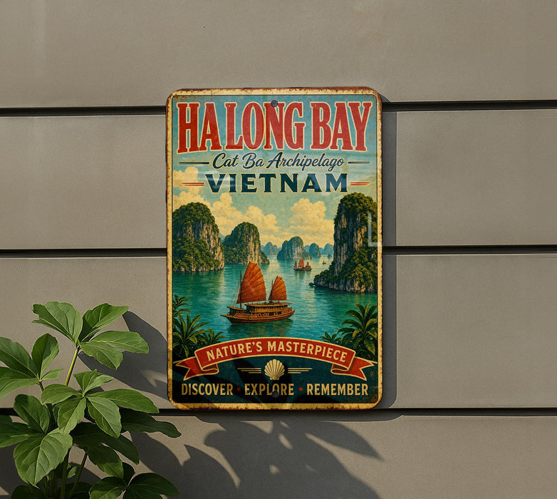 A vintage-style metal sign advertising Halong Bay, Vietnam, featuring a scenic image of the bay with boats and lush greenery.