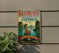 A vintage-style metal sign advertising Halong Bay, Vietnam, featuring a scenic image of the bay with boats and lush greenery.