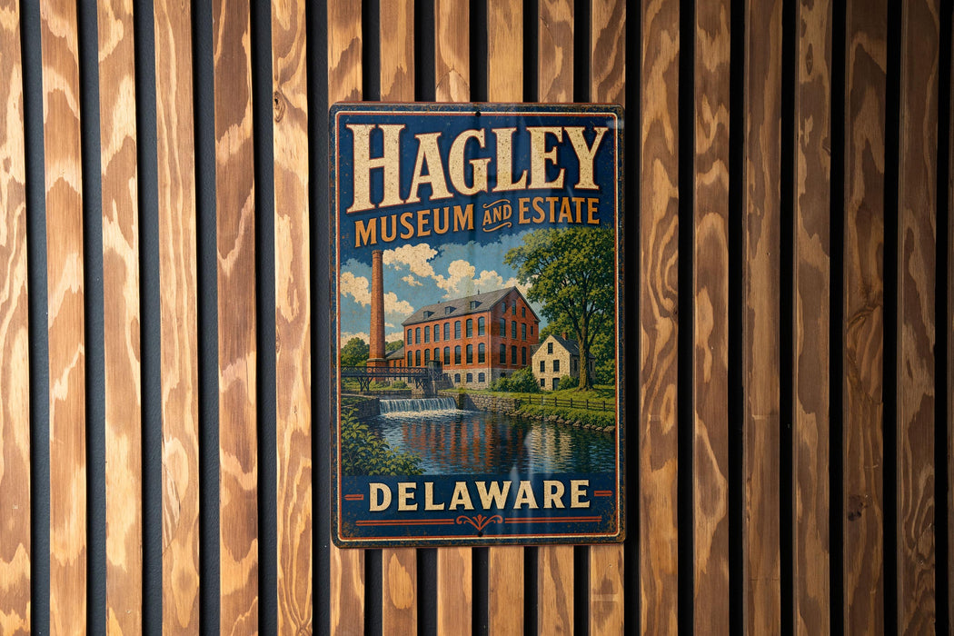 A vintage metal sign for the Hagley Museum and Estate in Delaware, featuring an illustration of a building and a river.