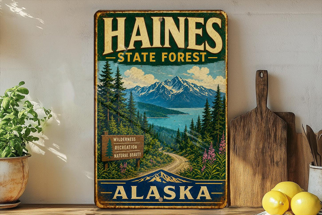 A vintage-style metal sign for Haines State Forest in Alaska, featuring a scenic mountain landscape with pine trees, a lake, and a road leading through the forest.