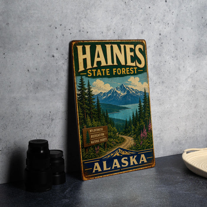A vintage metal sign for Haines State Forest in Alaska, featuring a scenic mountain landscape and a road leading through the forest.