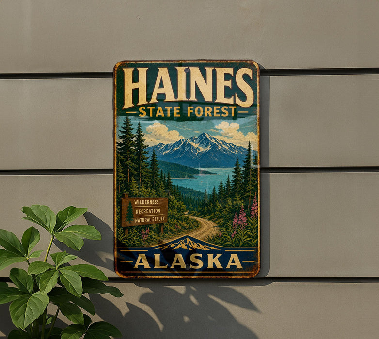 A vintage metal sign for Haines State Forest in Alaska, featuring a scenic mountain landscape with pine trees, a winding road, and a lake in the background.