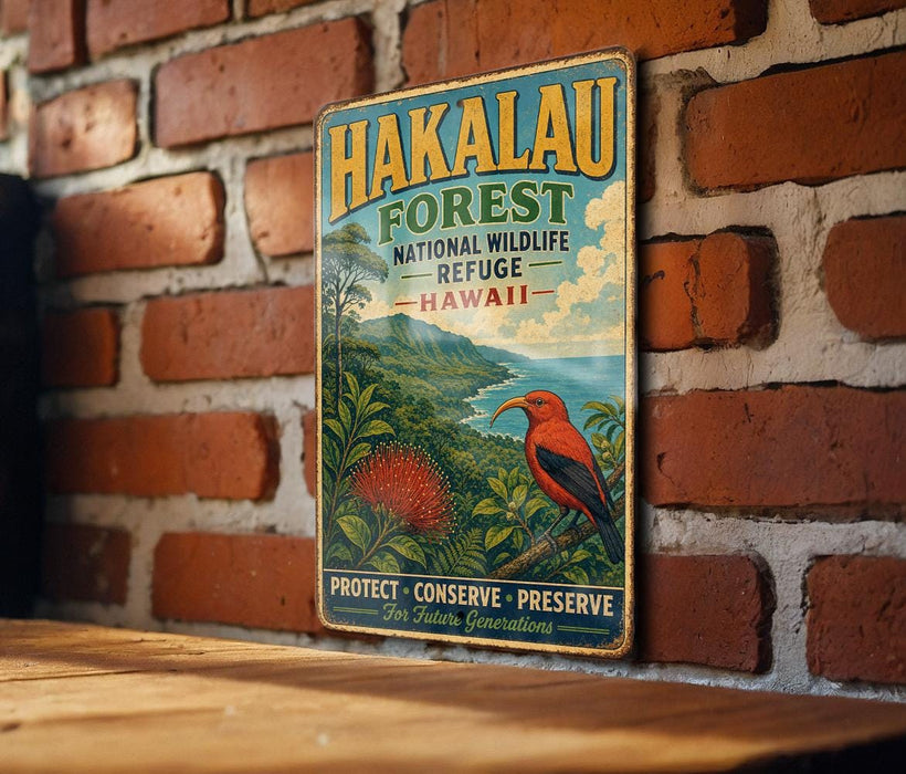 A vintage-style metal sign for the Hakaau Forest National Wildlife Refuge in Hawaii, featuring a red bird and tropical foliage, is displayed on a brick wall.