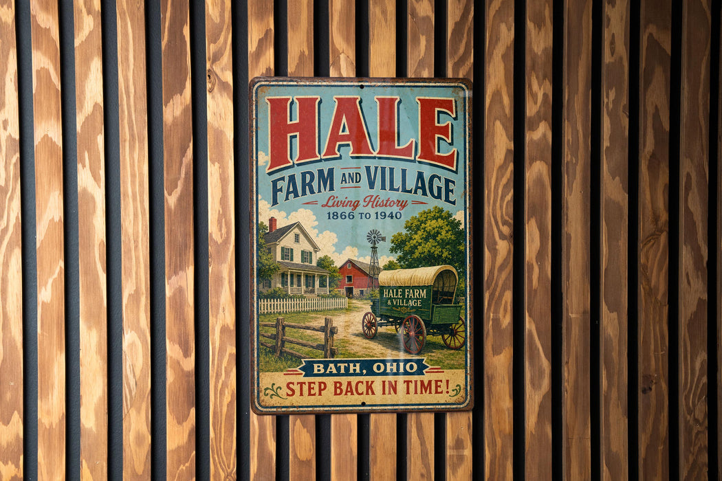 A vintage metal sign for Hale Farm and Village, featuring an illustration of a farm scene with a wagon and a house.