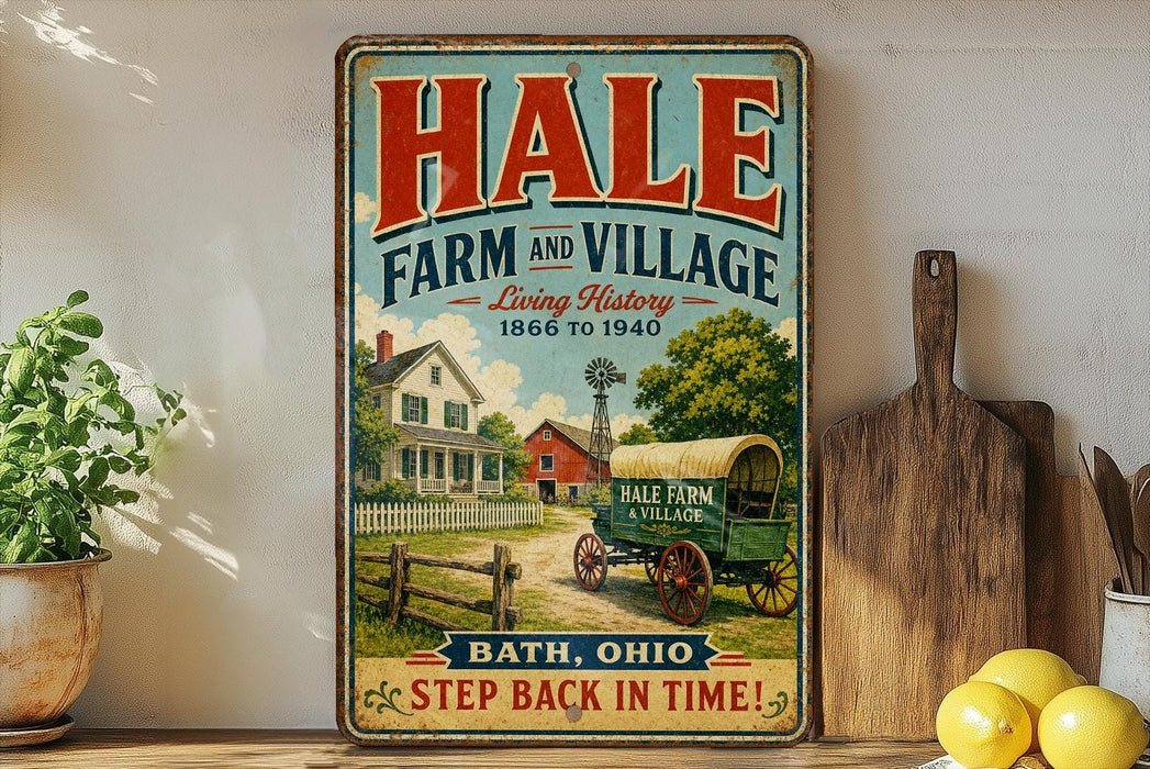 A vintage-style metal sign with the text "HALE FARM AND VILLAGE" and "LIVING HISTORY 1866 TO 1940" displayed on a shelf, with a wooden board and a potted plant in the background.