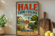 A vintage-style metal sign with the text "HALE FARM AND VILLAGE" and "LIVING HISTORY 1866 TO 1940" displayed on a shelf, with a wooden board and a potted plant in the background.