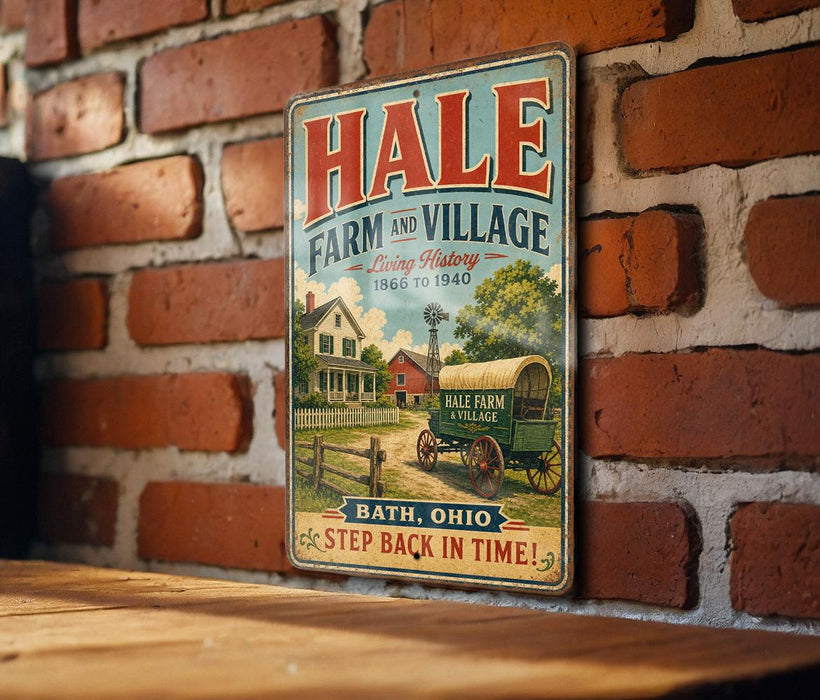 A vintage metal sign for Hale Farm and Village, featuring an illustration of a farm scene with a horse-drawn carriage, mounted on a brick wall.