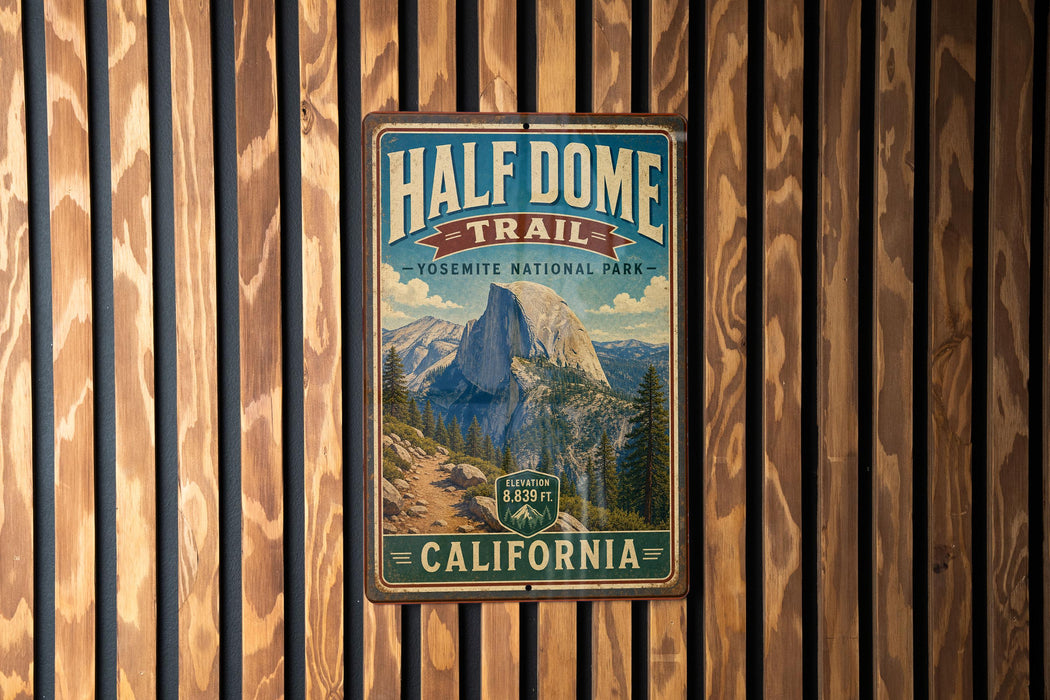 A vintage-style metal sign for the Half Dome Trail in Yosemite National Park, California, featuring a scenic mountain landscape.