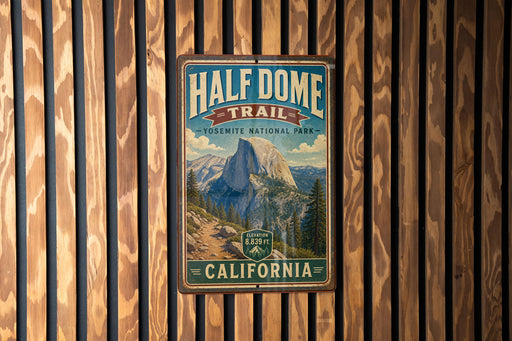 A vintage-style metal sign for the Half Dome Trail in Yosemite National Park, California, featuring a scenic mountain landscape.