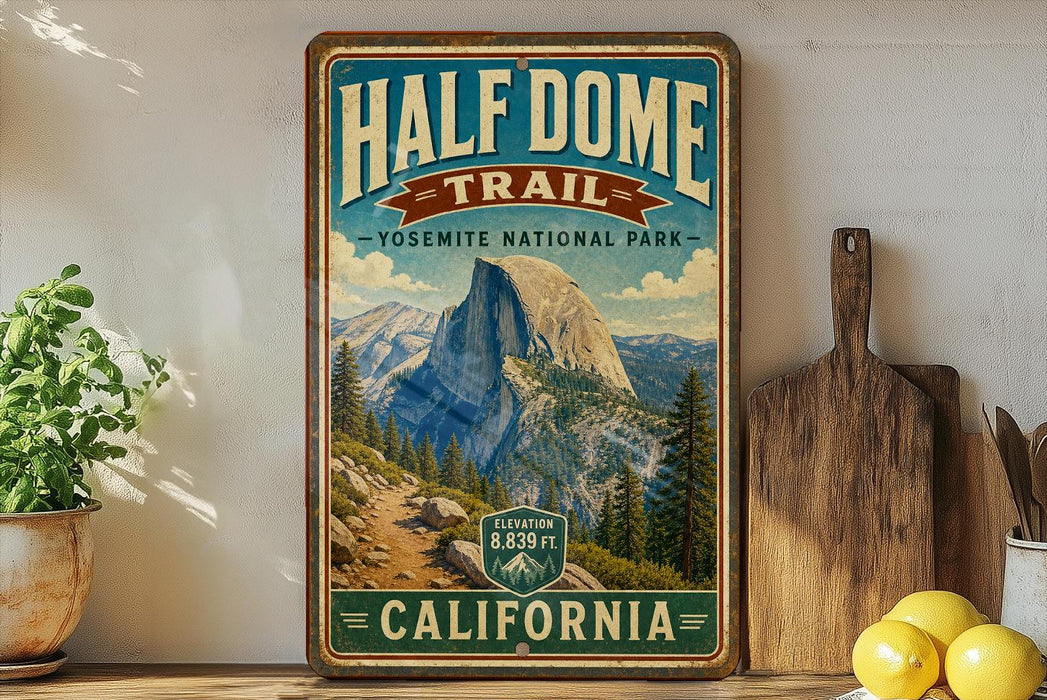 a vintage-style sign for the Half Dome Trail in Yosemite National Park, California.
