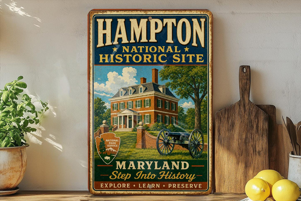A vintage-style metal sign for the Hampton National Historic Site in Maryland, featuring an illustration of a historic house with a cannon in the foreground.